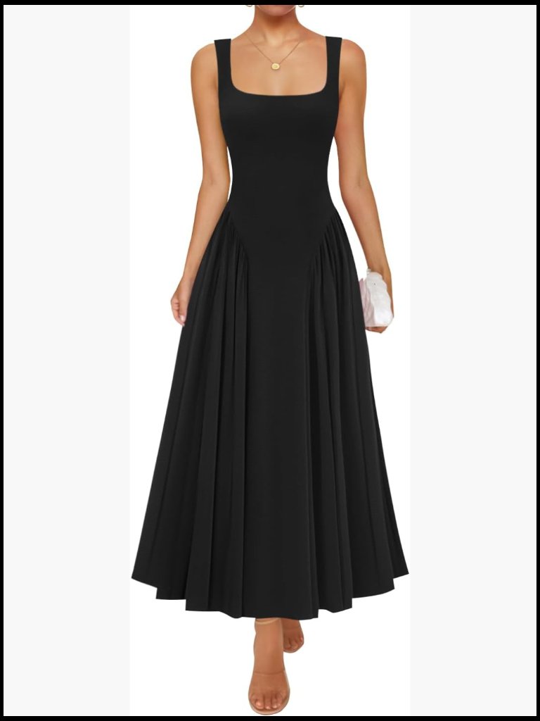 Viscose Elastane Maxi Dress Sleeveless Square Neck A-Line Flowy